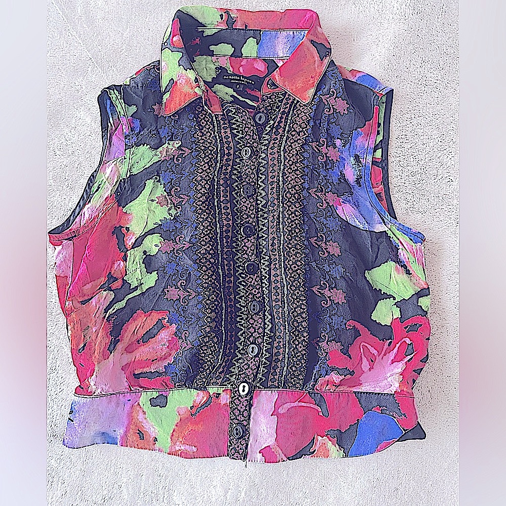 Nanette Lepore silk button down bohemian peasant loose crop top colorful